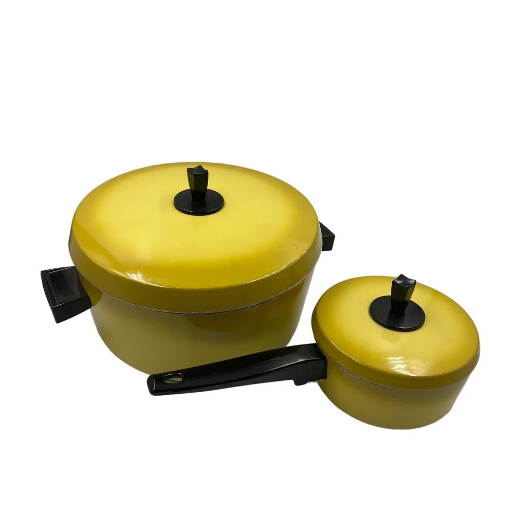 Vintage MidCentury Modern Yellow 2 Pot Set Sauce Pan Soup Pan 1 & 5 Quart 1970's